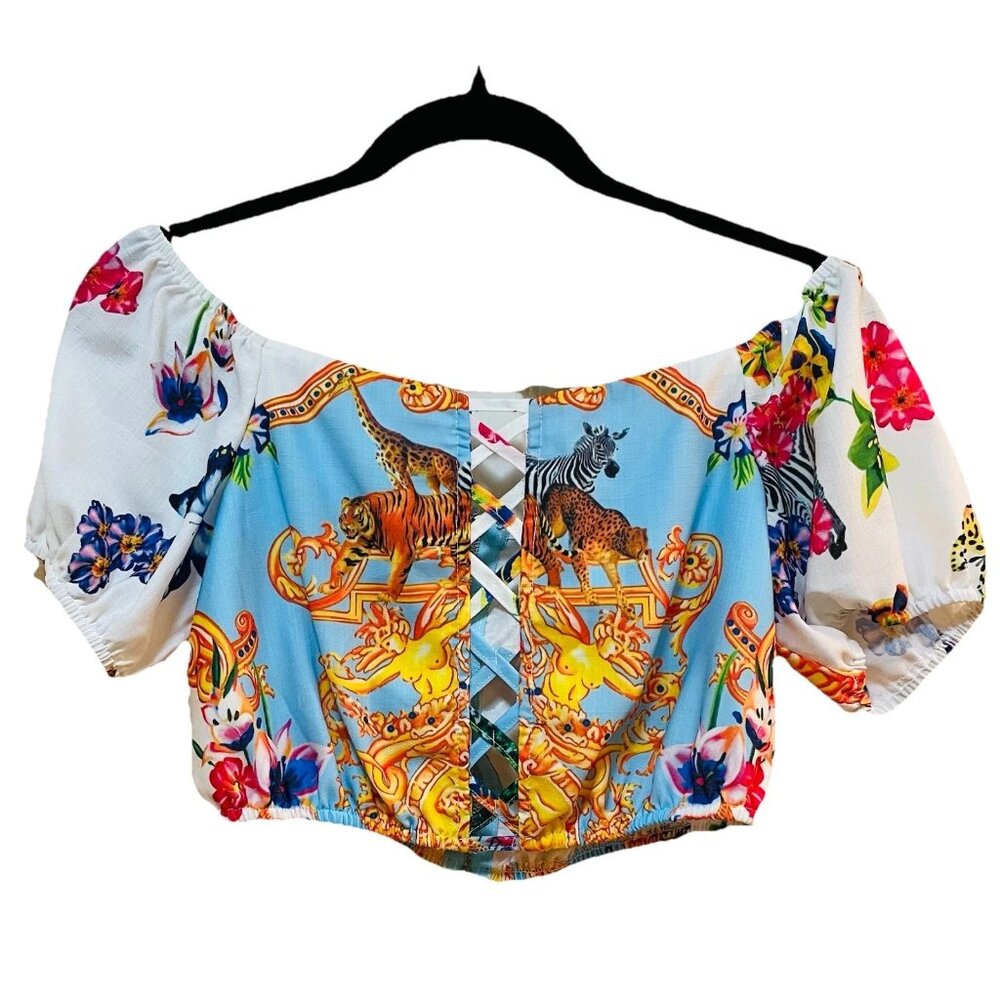 L'ATISTE BY AMY Baroque and Animal Print Off-the-Shoulder Cropped Top Sz S